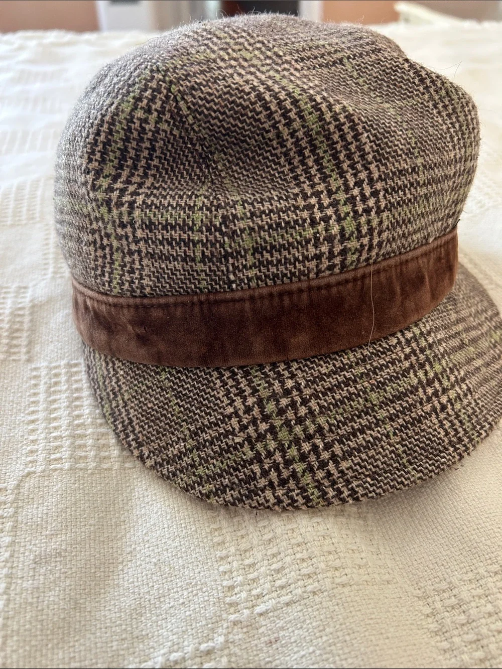 Brown Plaid flapper, Pageboy Hat with Brown velvet Band large